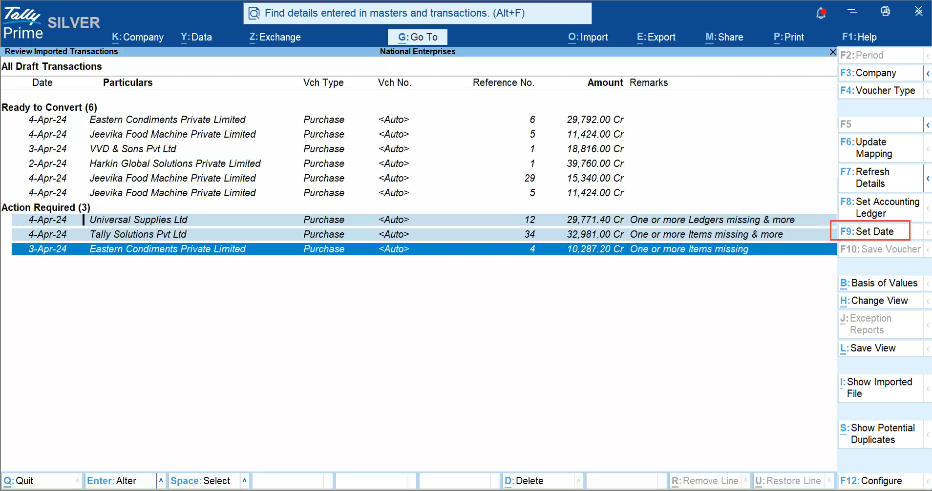 Set Date in Review Imported Transactions Report in TallyPrime