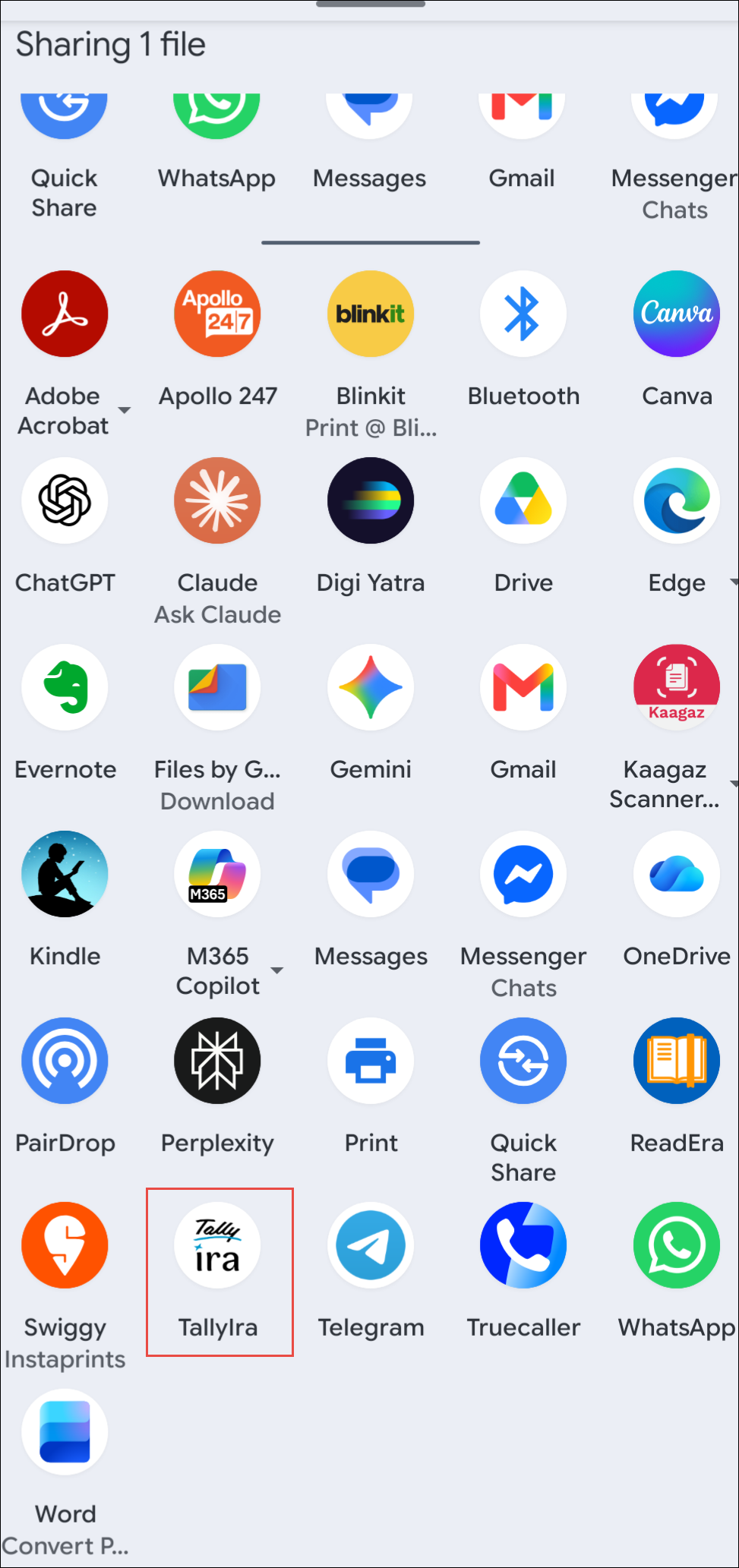 TallyIra App Selection While Sending from WhatsApp