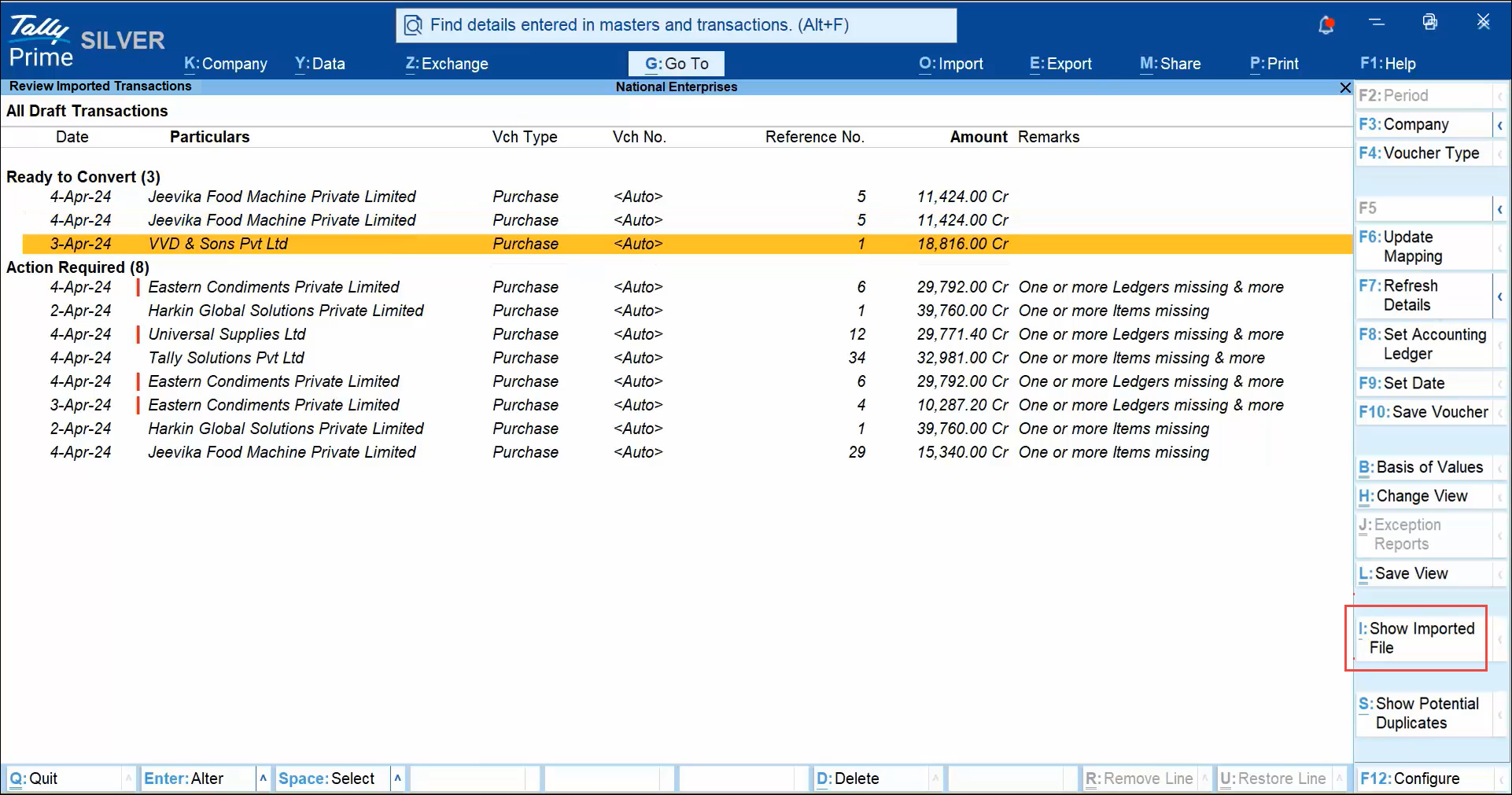 View Imported File from the Review Imported Transactions Report in TallyPrime