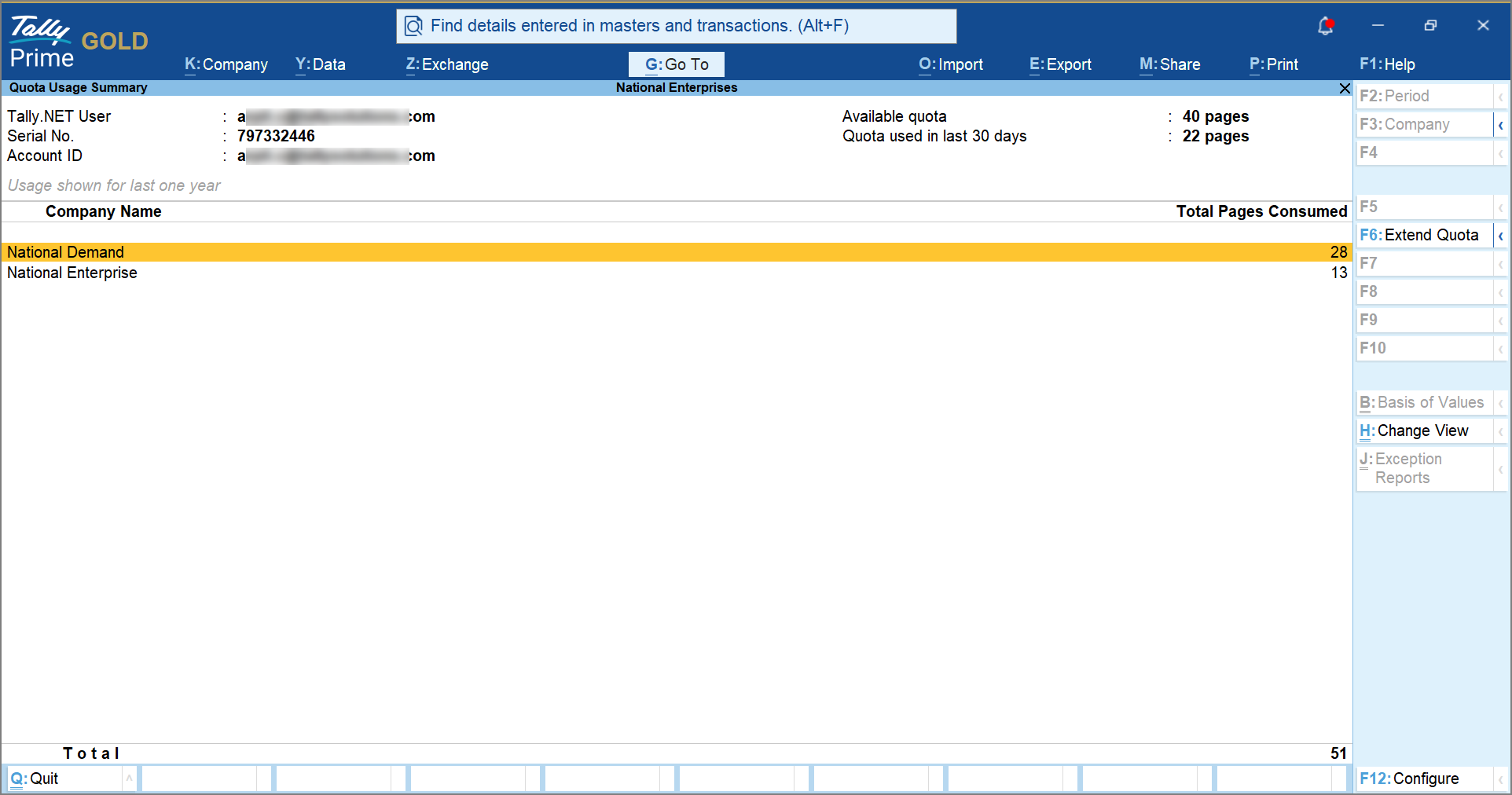 Docs by Ira Quota Usage Summary in TallyPrime