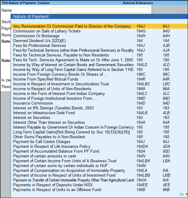 TDS Nature of Payments in TallyPrime