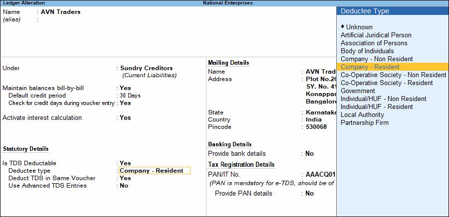 TDS Party Ledger in TallyPrime