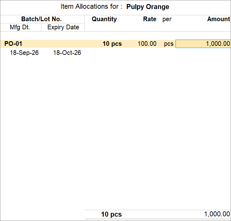 Batches in TallyPrime - Stock Items Allocations