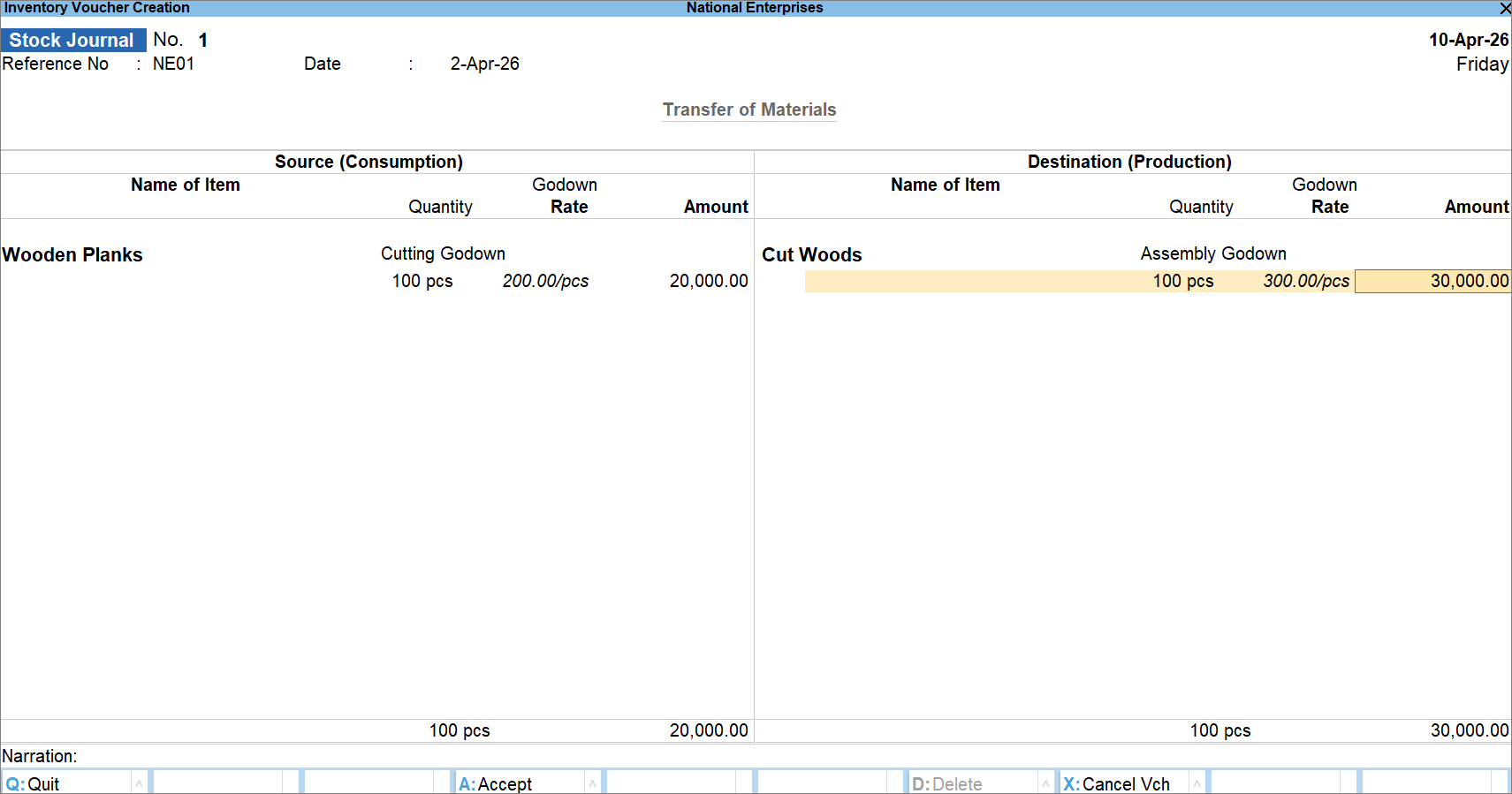 Manufacturing Stock Journal Stage Wise in TallyPrime