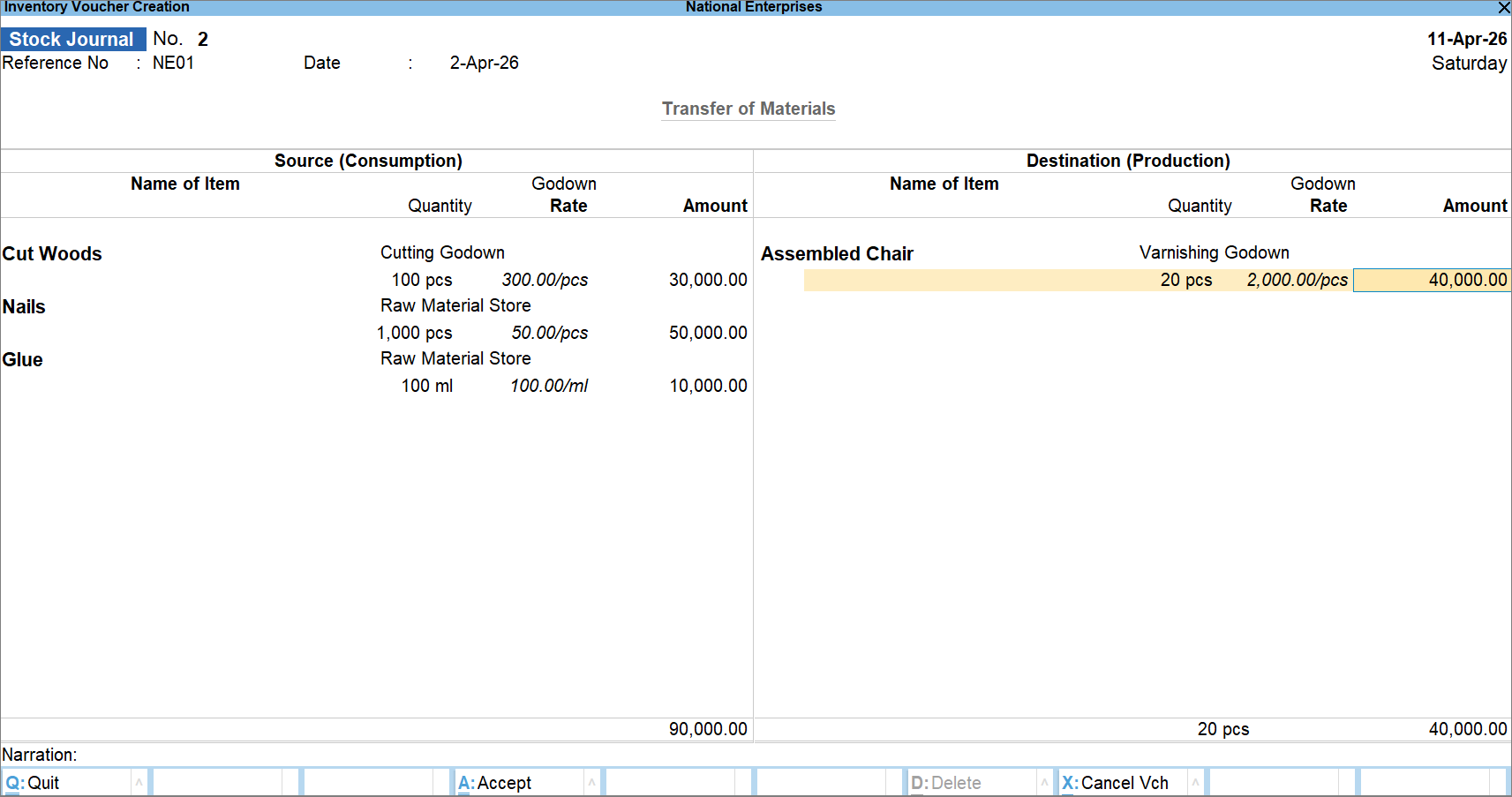 Manufacturing Stock Journal Stage-wise in TallyPrime