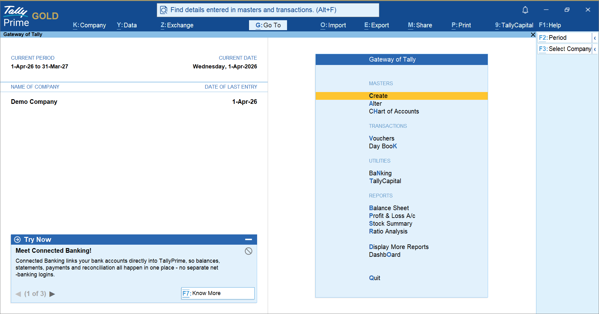 Try Now Tile on Gateway of Tally in TallyPrime