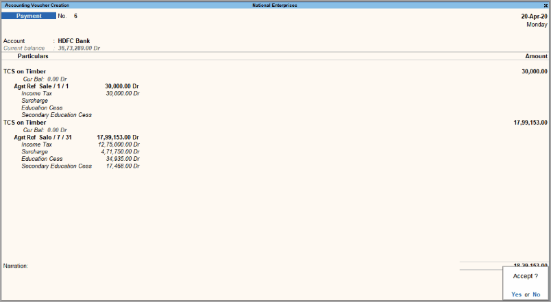 TCS Payment Voucher in TallyPrime