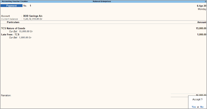 TCS Payment Voucher in TallyPrime