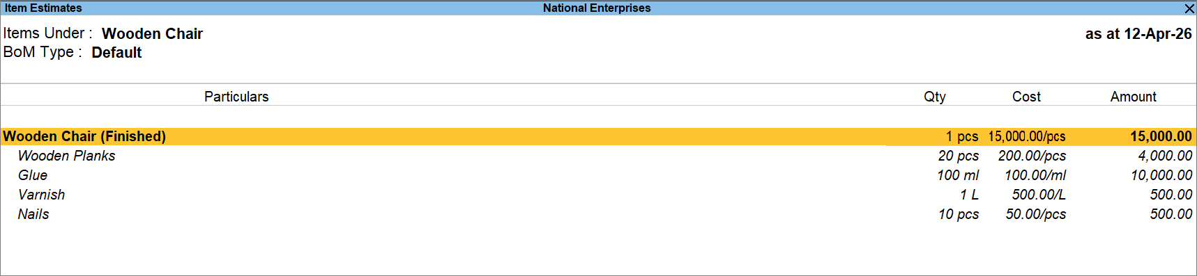 Item Estimates Report in TallyPrime