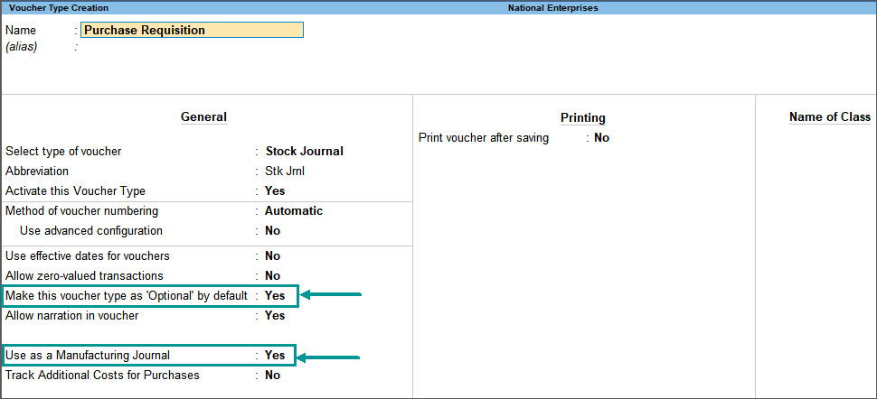 Voucher Type for Purchase Requisition in TallyPrime